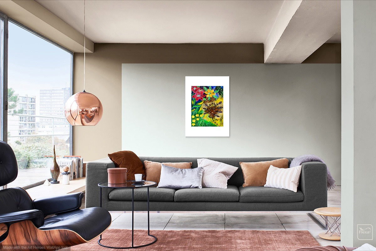 Acrylic bee painting for sale from William Tucker Art displayed above a gray sofa in a modern living room