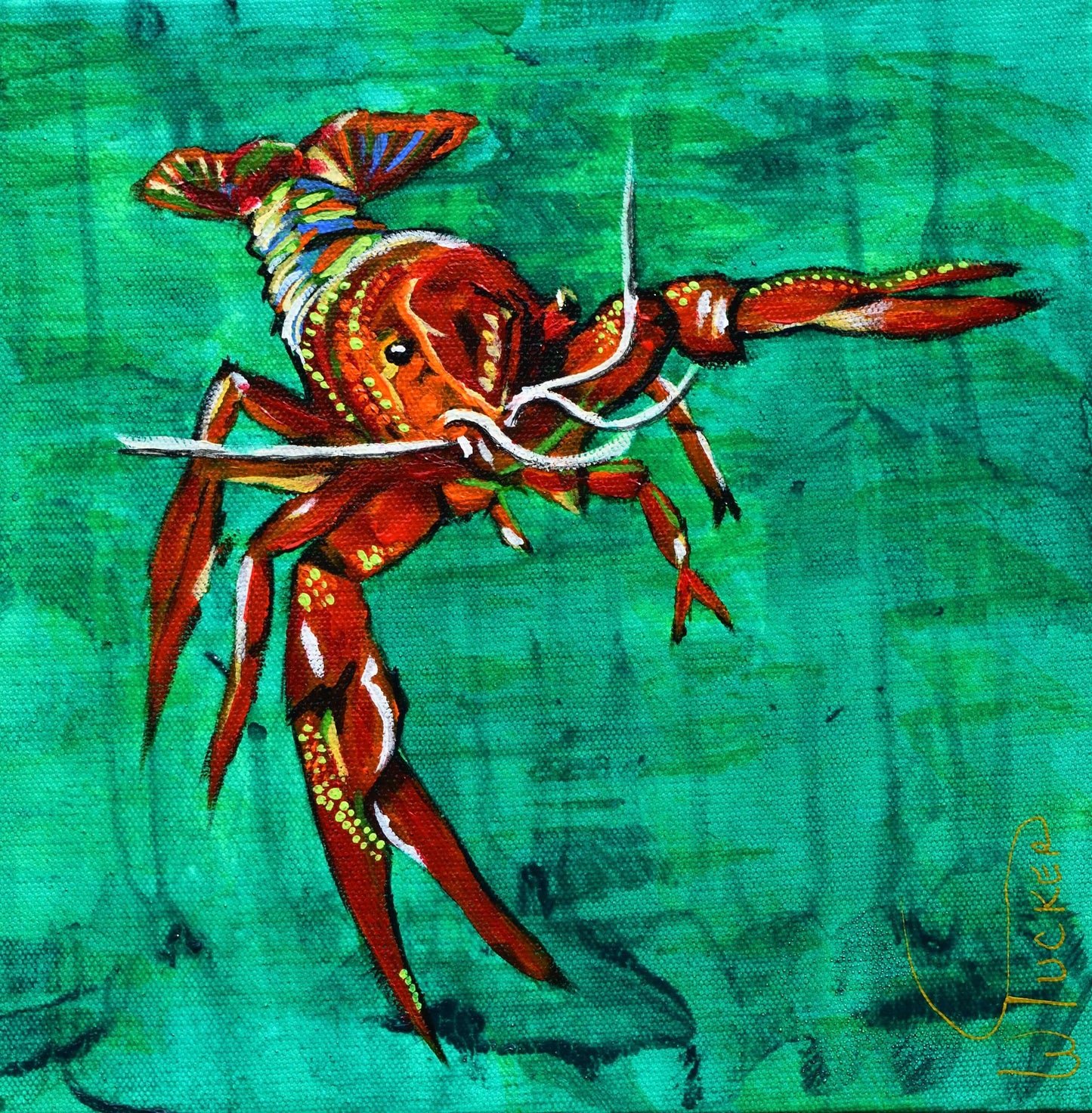 Acrylic crawfish artwork for home decor featuring a vibrant red crawfish on a turquoise background from William Tucker Art Coastal Collection