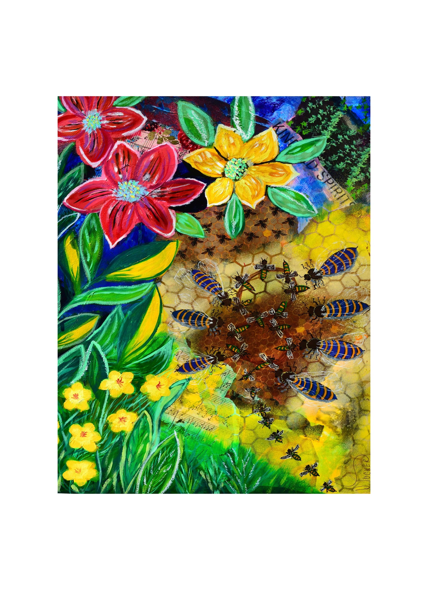 William Tucker Bee Collection vibrant bee art print wall decor with colorful flowers and honeycomb design