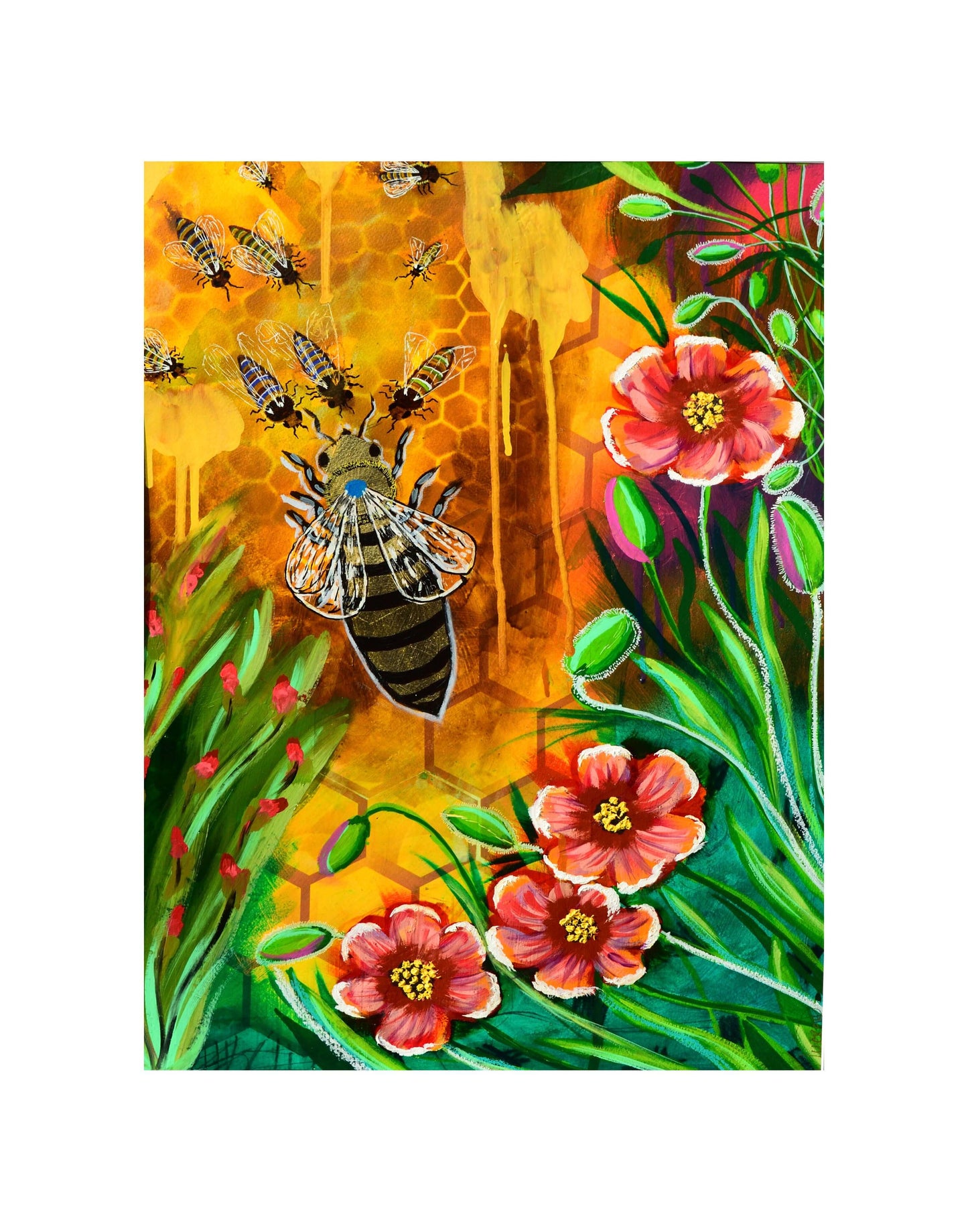 Bee queen art print featuring a large bee with smaller bees and vibrant flowers in a colorful honeycomb background