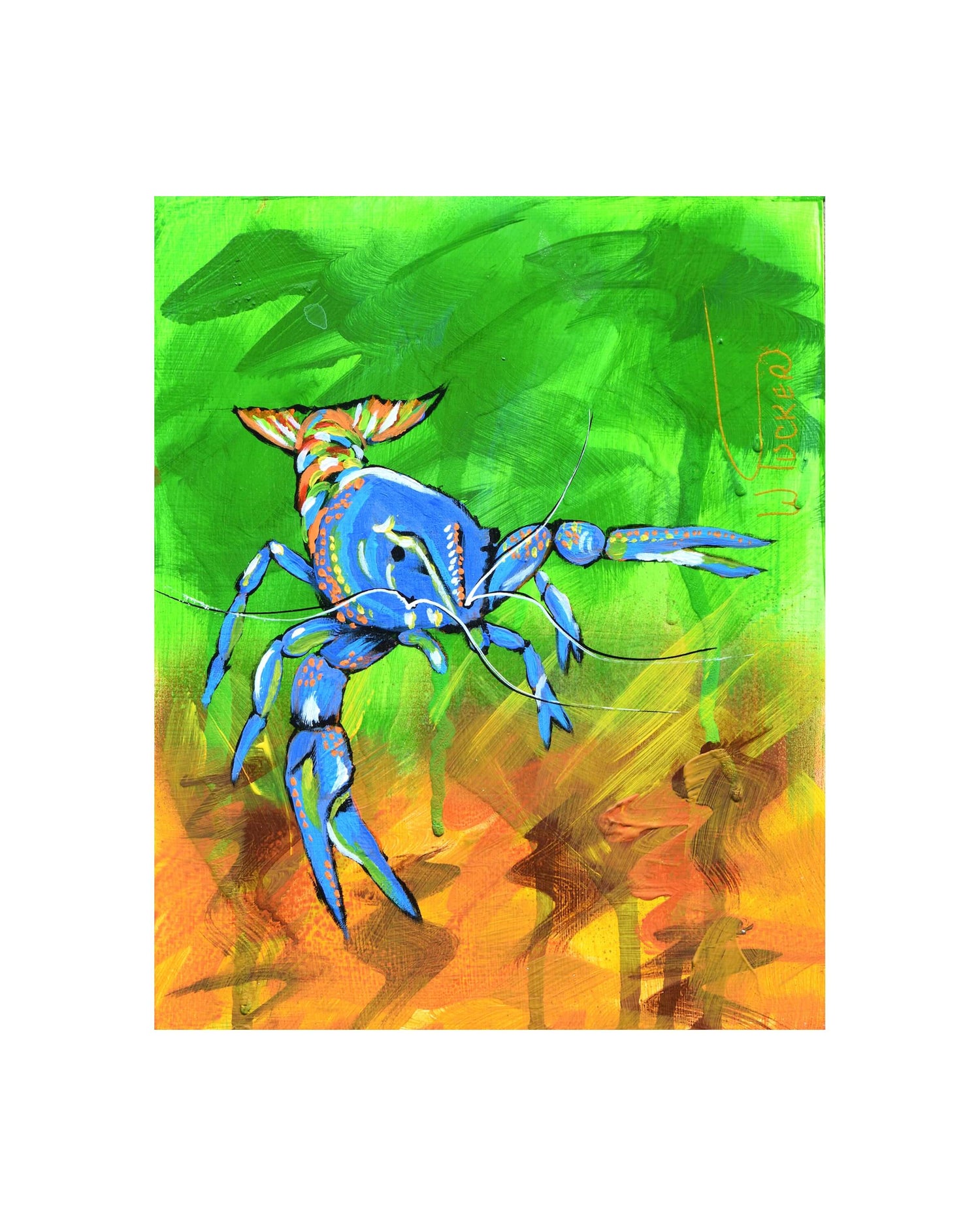 Blue crawfish art print by William Tucker featuring vibrant coastal colors and detailed illustration