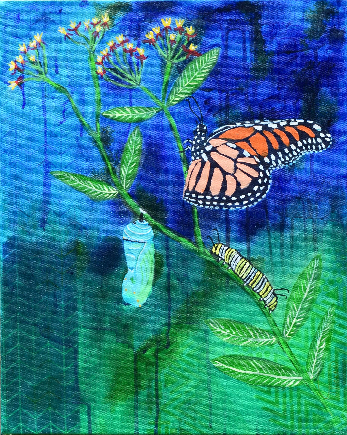 Butterfly metamorphosis painting from Wild Things Collection by William Tucker Art showing caterpillar chrysalis and butterfly on plant