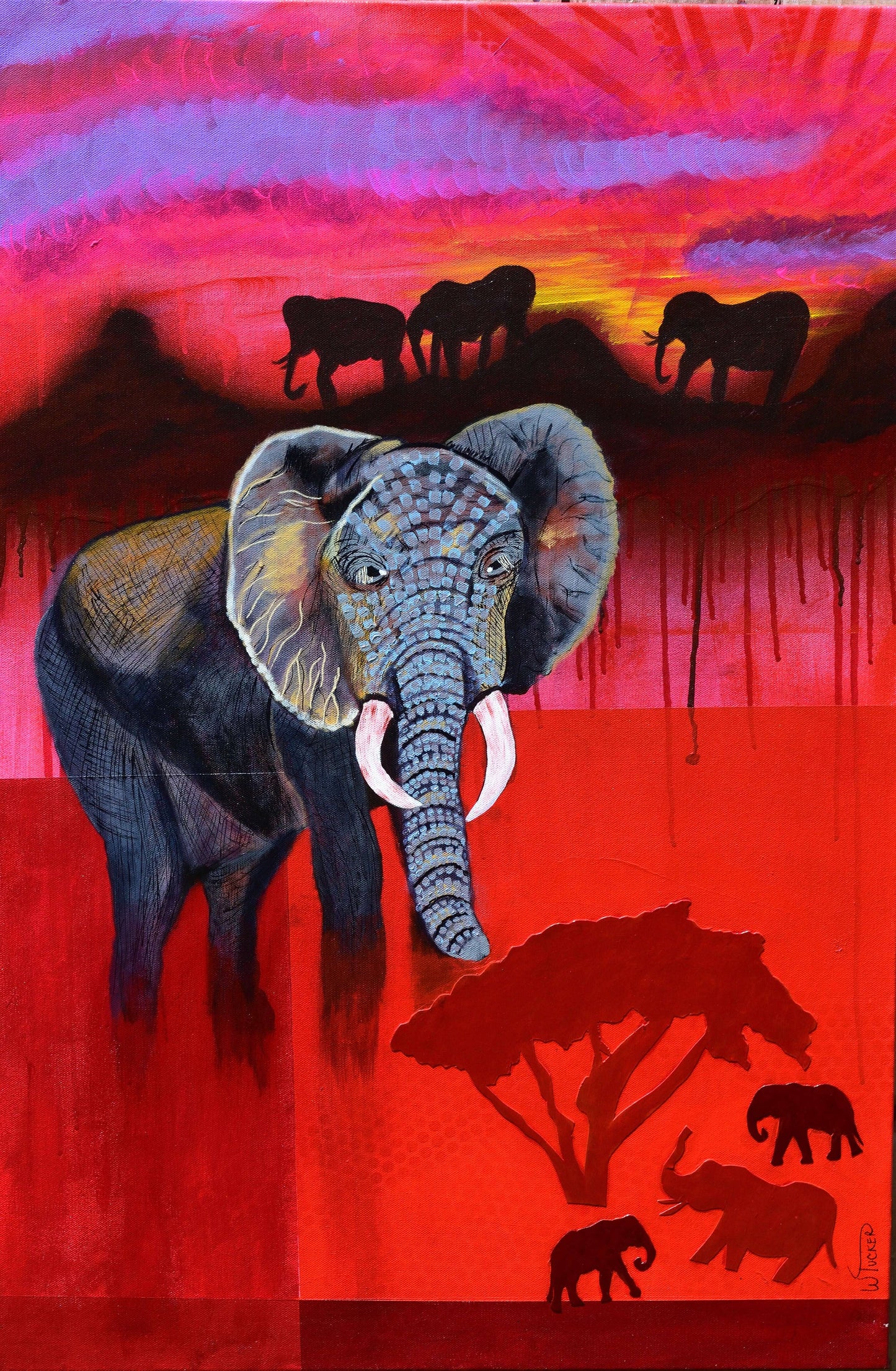 William Tucker Art Wild Things Collection elephant painting with vibrant sunset and endangered animal wall art