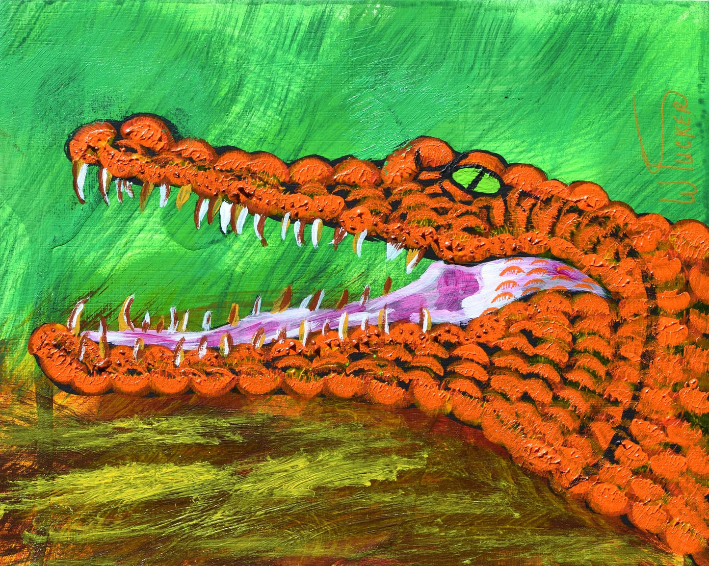 Bright orange alligator in a fine art gator painting with green and brown background from Coastal Collection