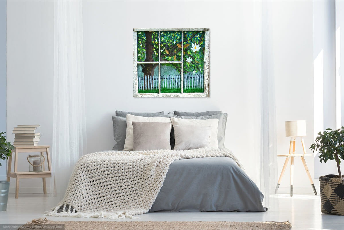Coastal Collection bedroom with hand-painted Southern home decor window art above bed