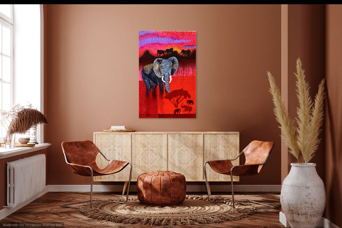 Endangered animal wall art featuring elephant from Wild Things Collection by William Tucker Art in modern living room
