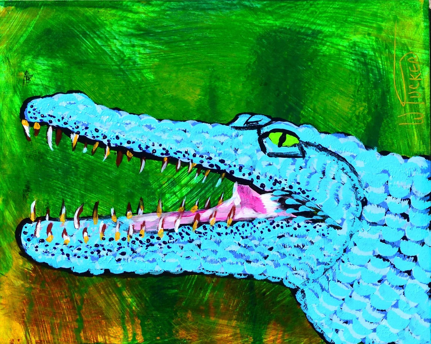 Original acrylic alligator painting by William Tucker Art showcasing a blue alligator head on green background