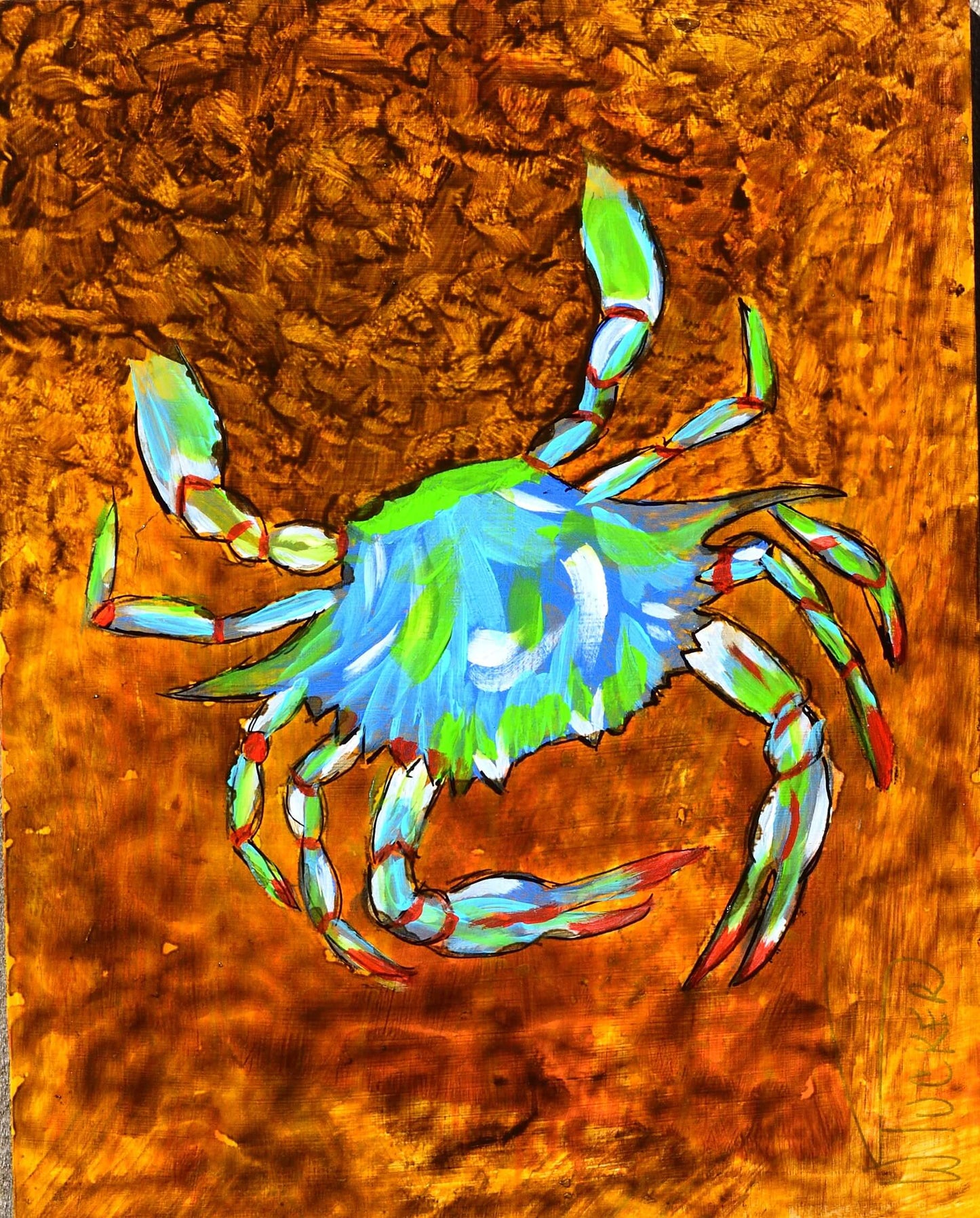 Original acrylic crab painting by William Tucker Art featuring vibrant blue and green crab on textured brown background