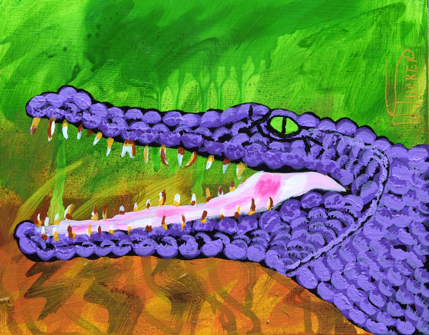 Original alligator painting by William Tucker Art featuring a purple alligator with its mouth open against a green and brown background