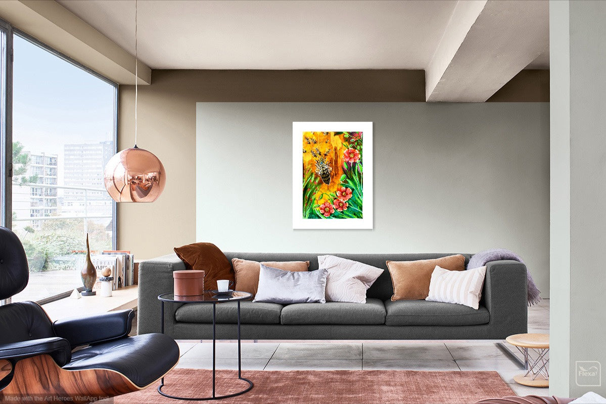 Original bee artwork from William Tucker Art Bee Collection hanging above modern gray sofa in bright living room