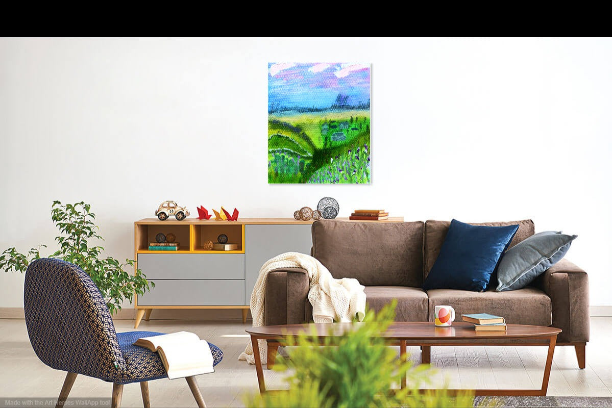 Original landscape painting by William Tucker Art hanging above modern sofa in living room