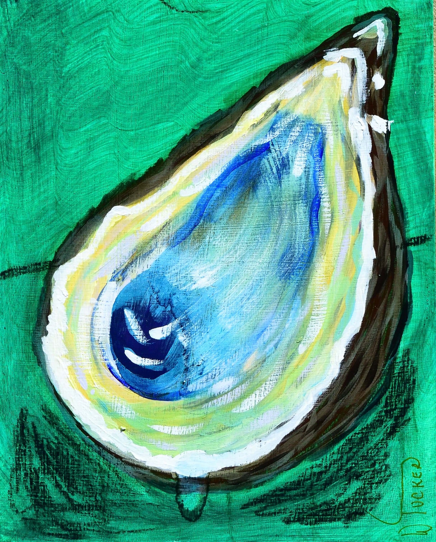 Original oyster painting from William Tucker Art Coastal Collection with vibrant blue and green hues