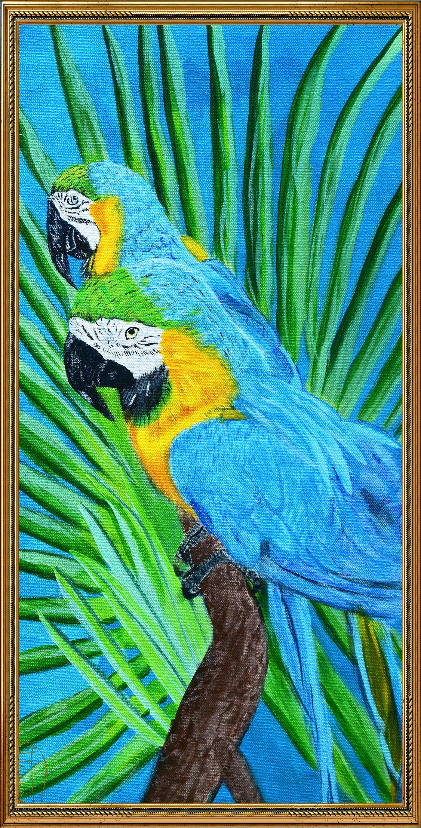 Original parrot painting for sale featuring two vibrant blue and yellow parrots on a branch with green leaves background