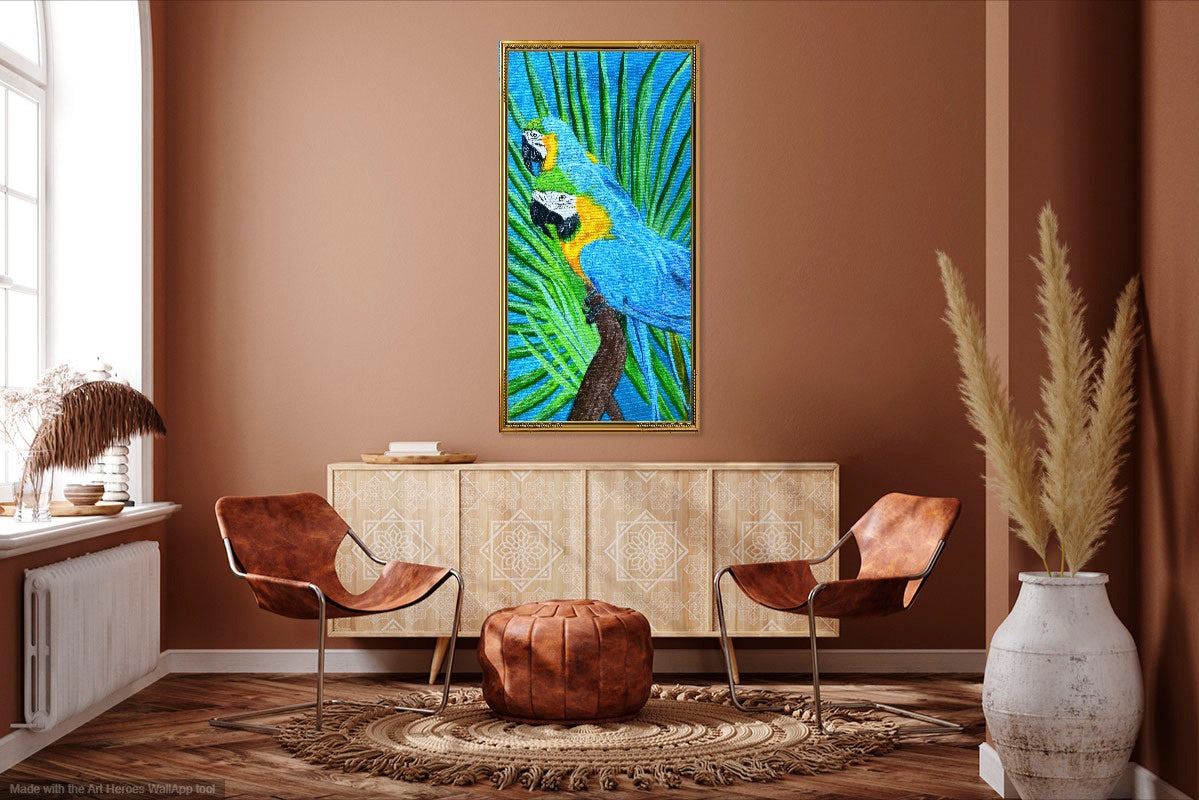 Original parrot painting for sale by William Tucker Art displayed in modern living room with brown walls and leather chairs