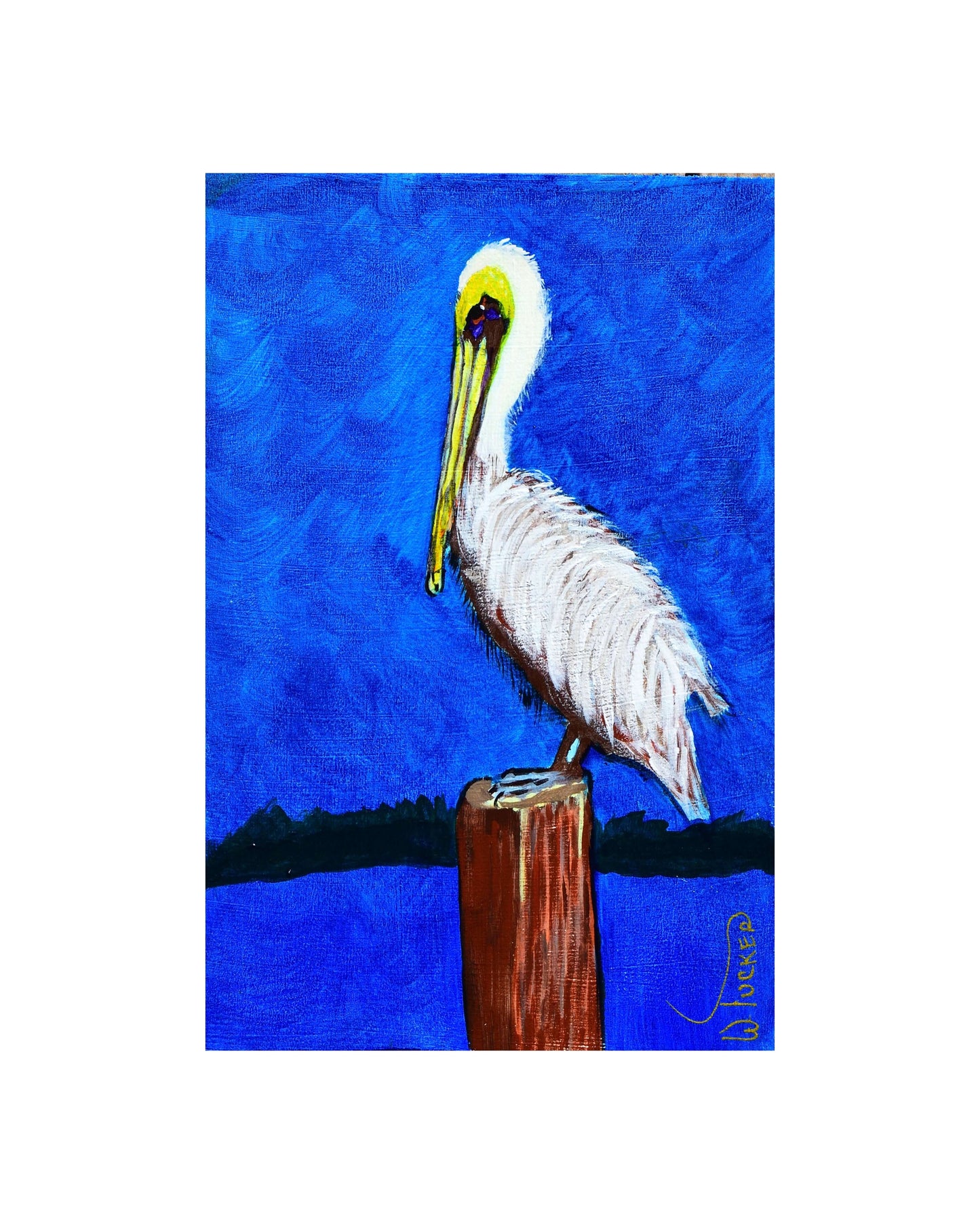 Pelican wall art painting from Coastal Collection by William Tucker Art with vibrant blue background