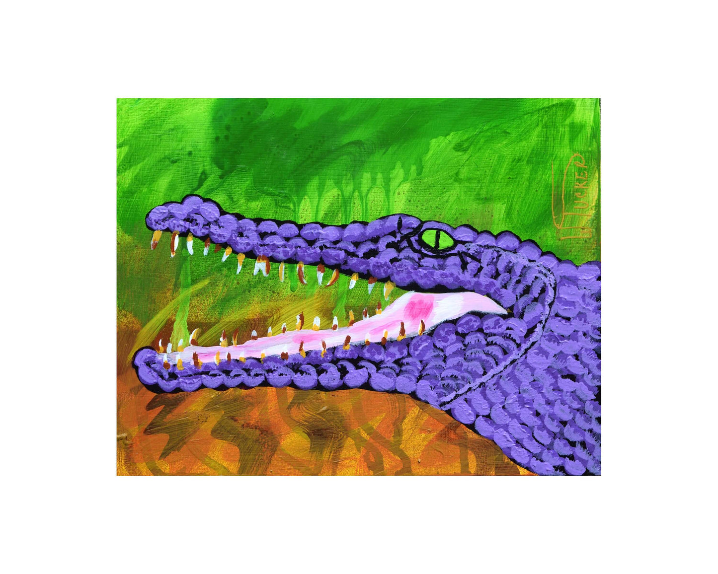 Purple alligator art print by William Tucker Art featuring vibrant green and orange background