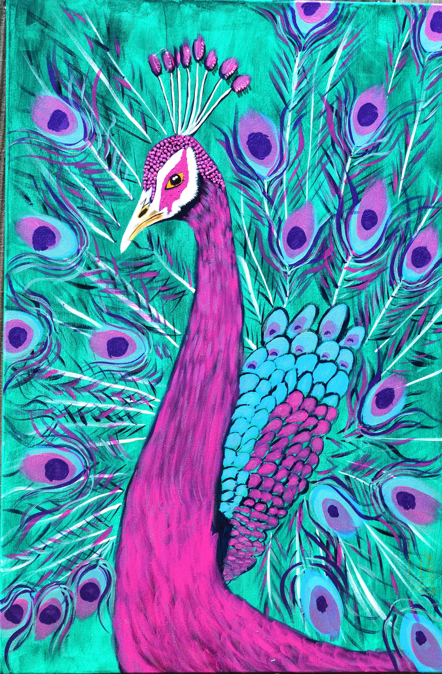 Vibrant peacock fine art painting by William Tucker Art with bright teal and purple colors