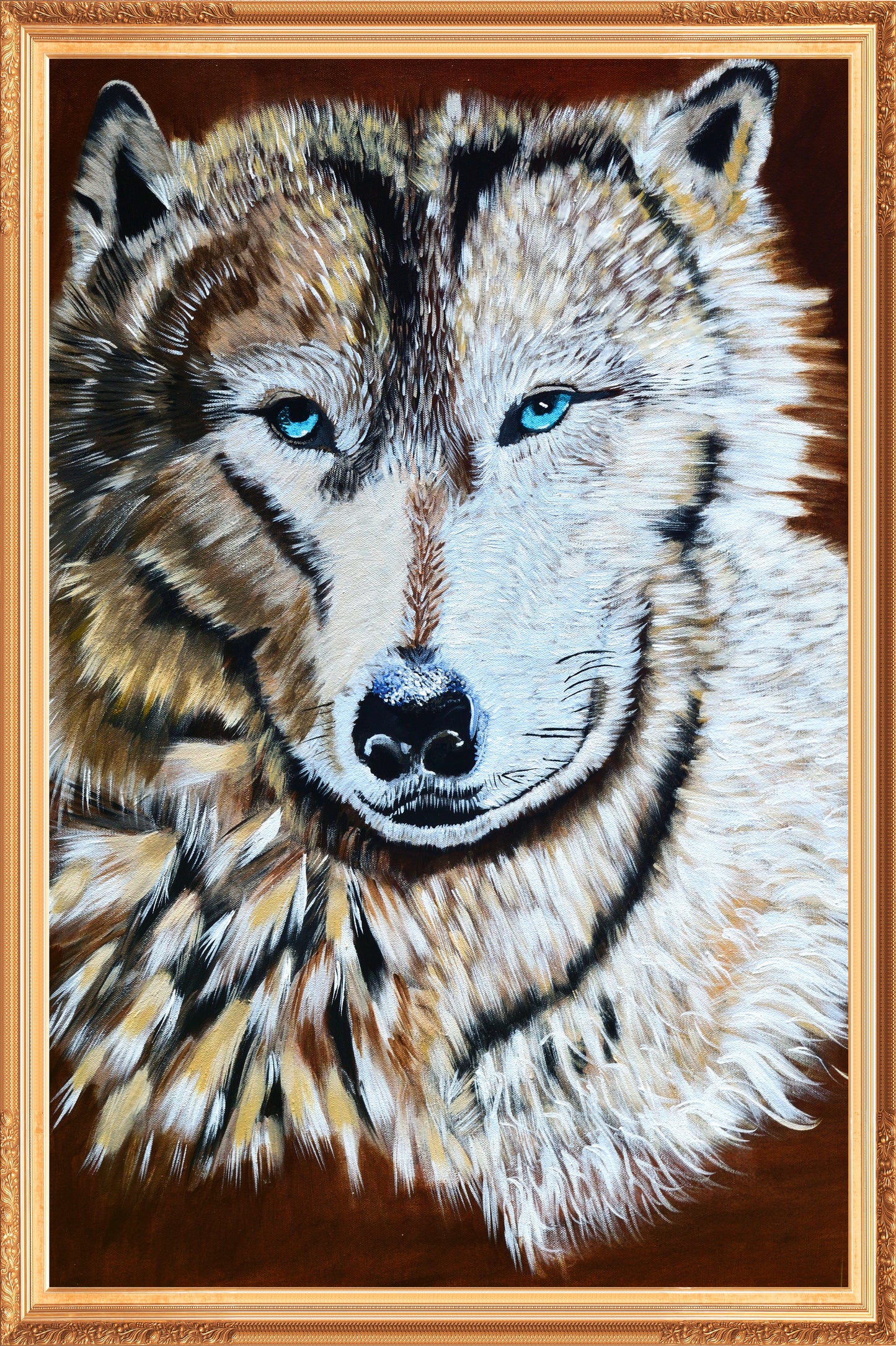 Wolf painting for sale by William Tucker Art featuring a detailed close-up portrait of a wolf with blue eyes in a wooden frame