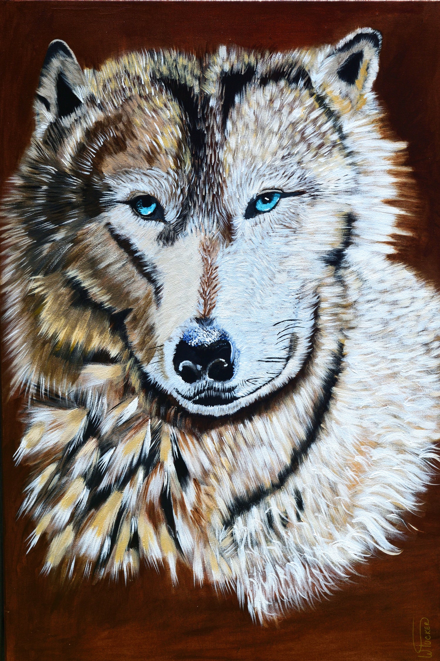 Detailed wolf painting for sale by William Tucker Art featuring a close-up of a wolf with blue eyes