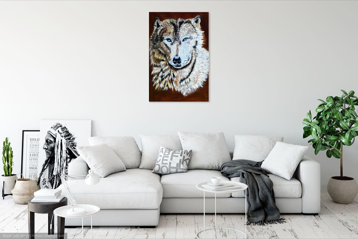 Wolf painting for sale by William Tucker Art displayed above white sectional sofa in modern living room