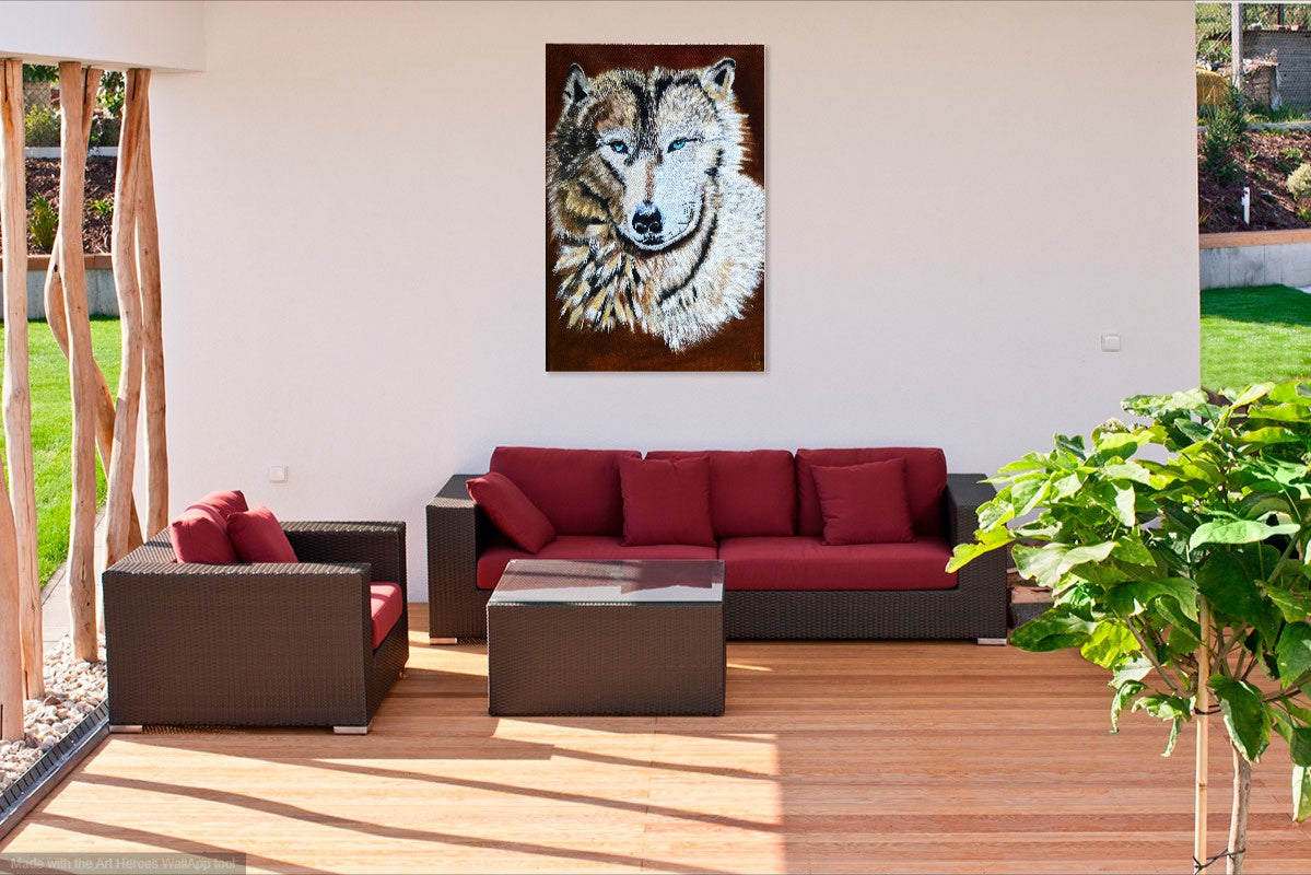 Wolf painting for sale by William Tucker Art hanging on wall above outdoor seating with red cushions