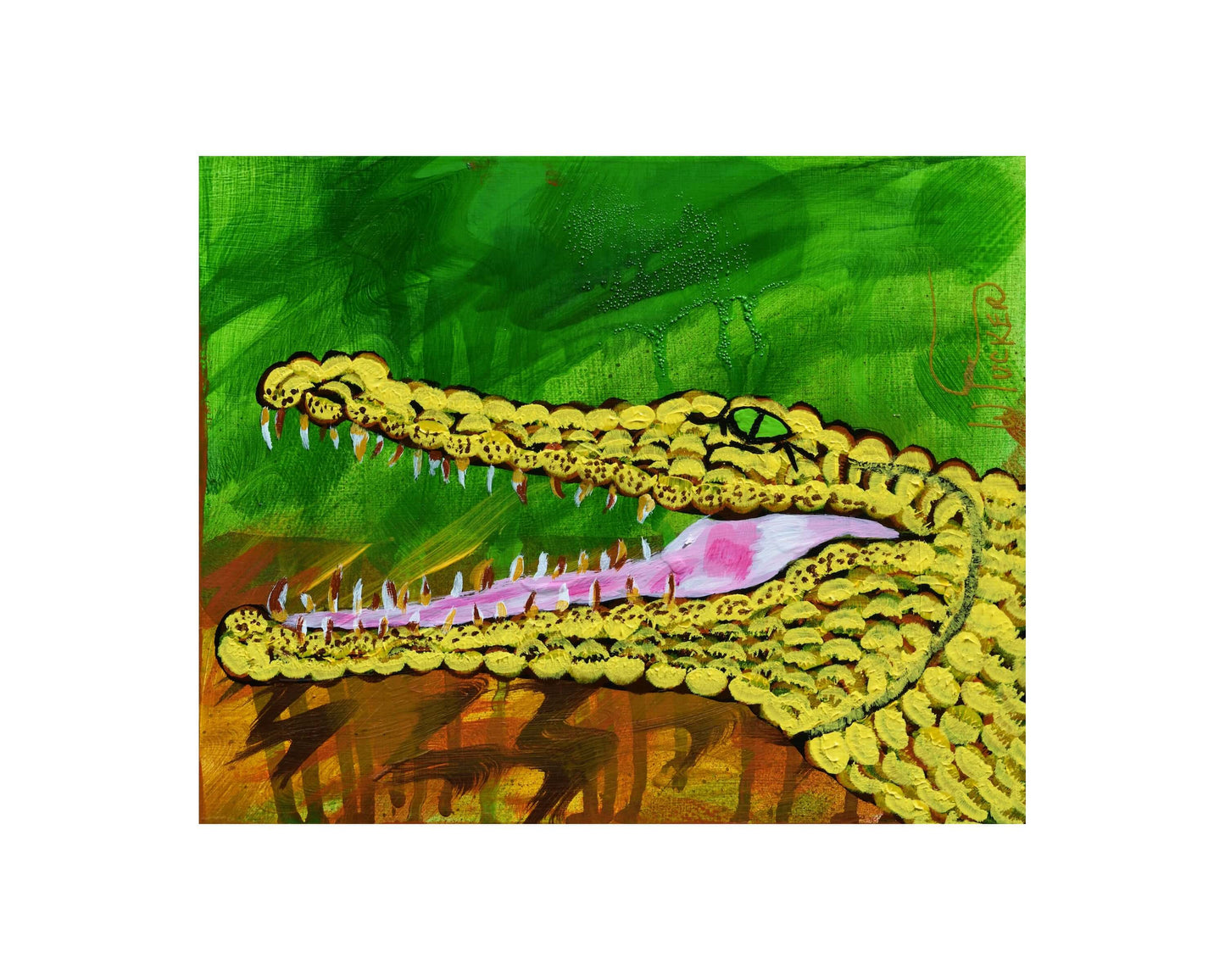 Yellow alligator art by William Tucker featuring a coastal print with vibrant green and brown background
