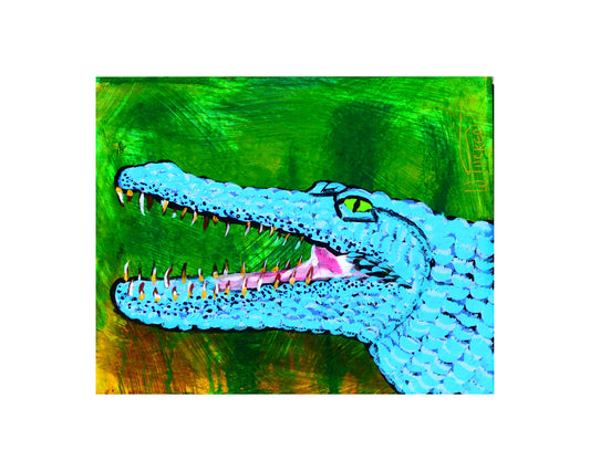 portrait of gator painted in blue on a green background