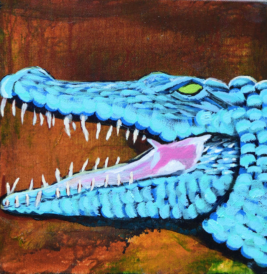 Painting of Blue Gator with brown background