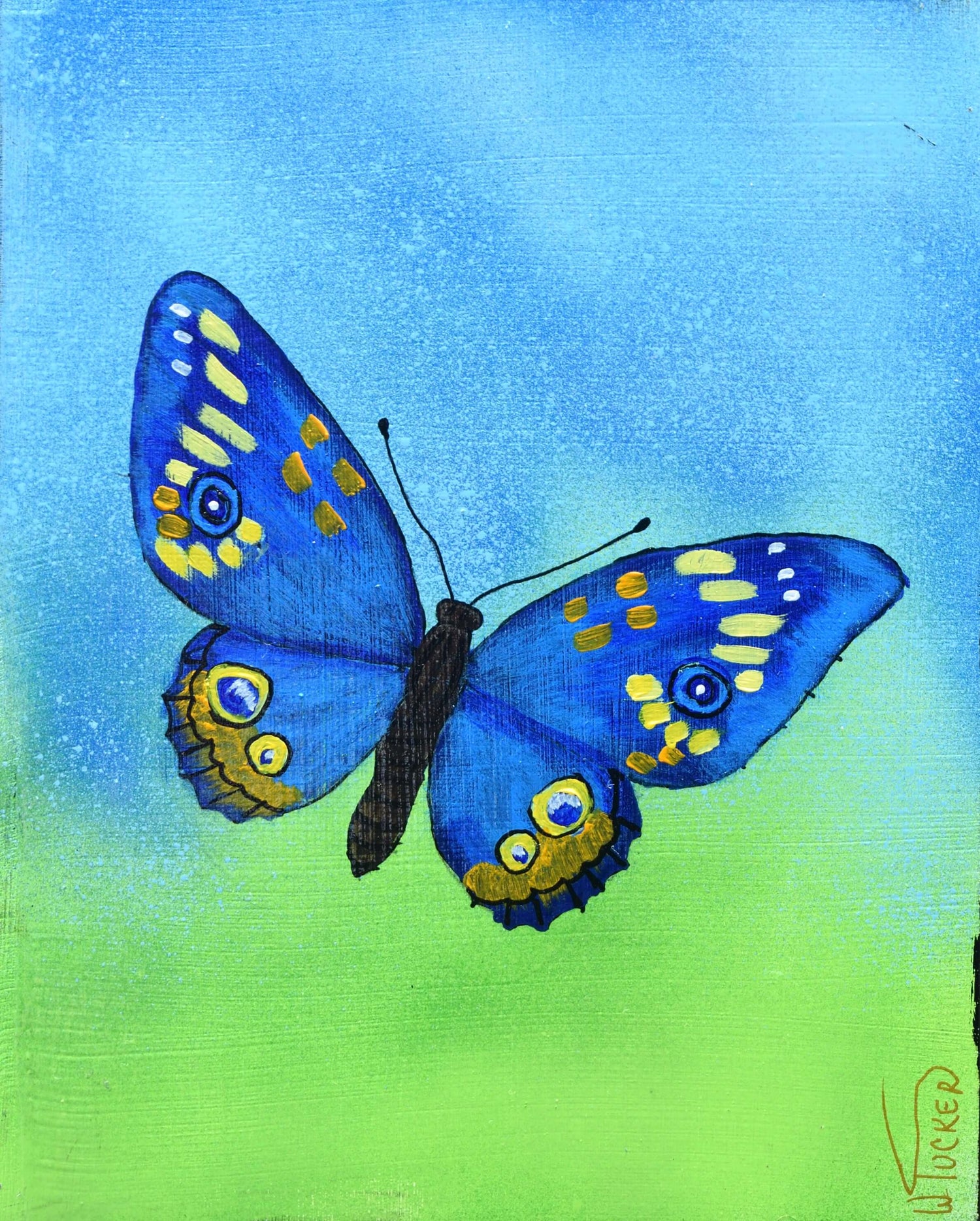 Blue butterfly with yellow, orange markings fluttering in the breeze