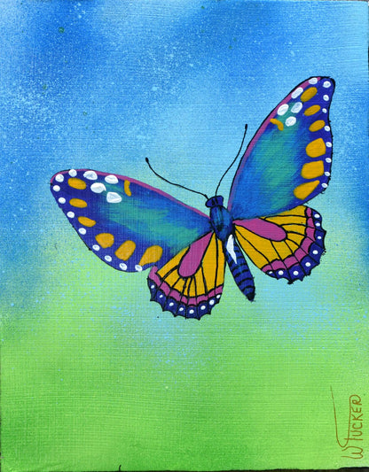 Blue, Yellow, Pink butterfly with white markings fluttering in the breeze