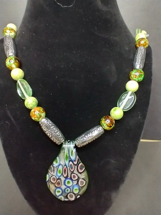 Green Indian Style Necklace with Art Glass Slide Pendant