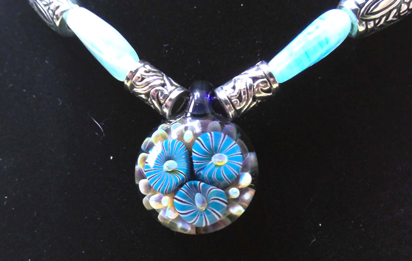 Blue Antique Beads and Flower Art Glass Pendant