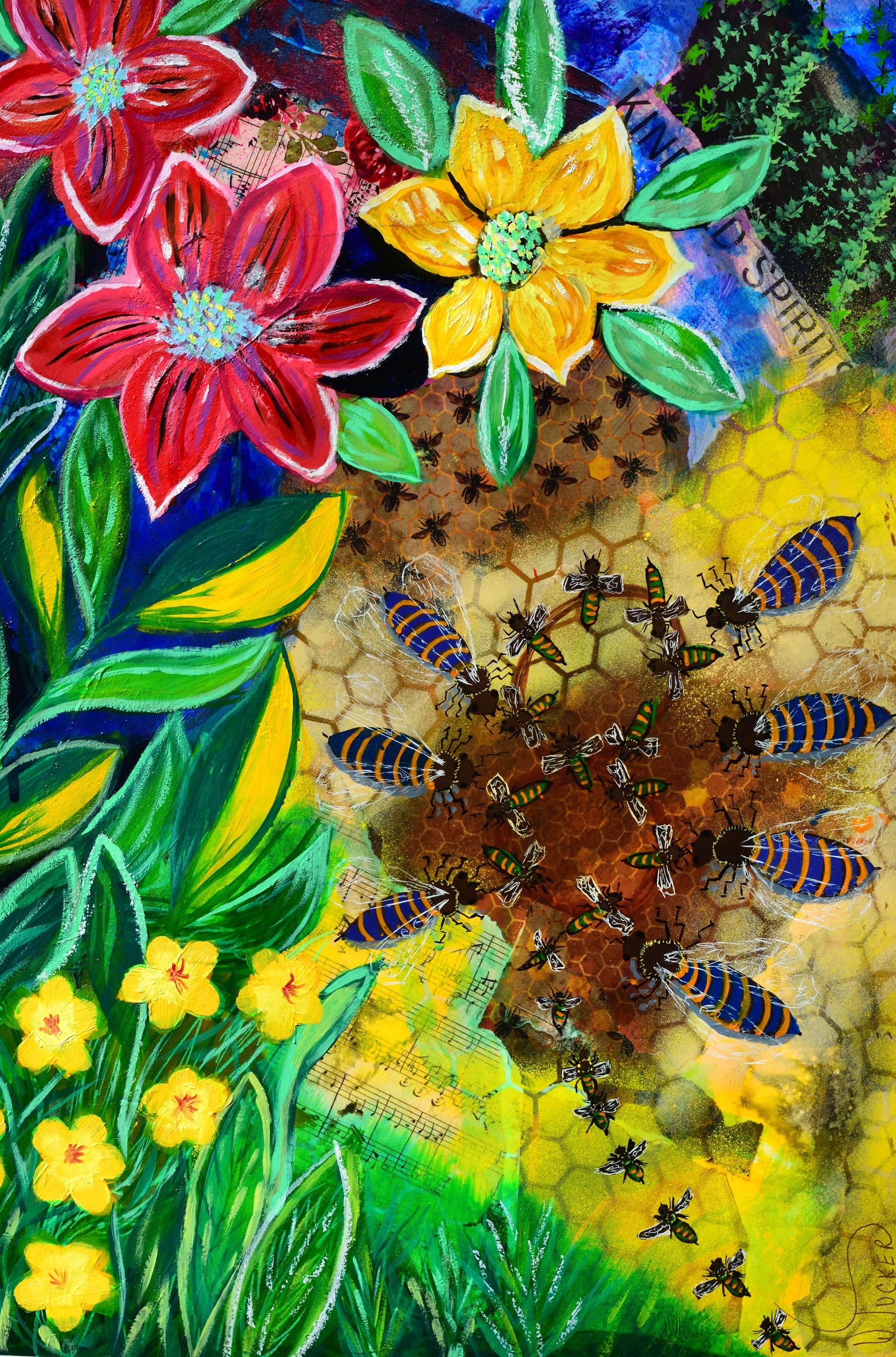 Colorful acrylic bee painting for sale featuring bees, honeycomb, and vibrant flowers in William Tucker Art Bee Collection