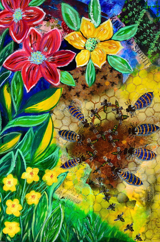 Colorful acrylic bee painting for sale featuring bees, honeycomb, and vibrant flowers in William Tucker Art Bee Collection
