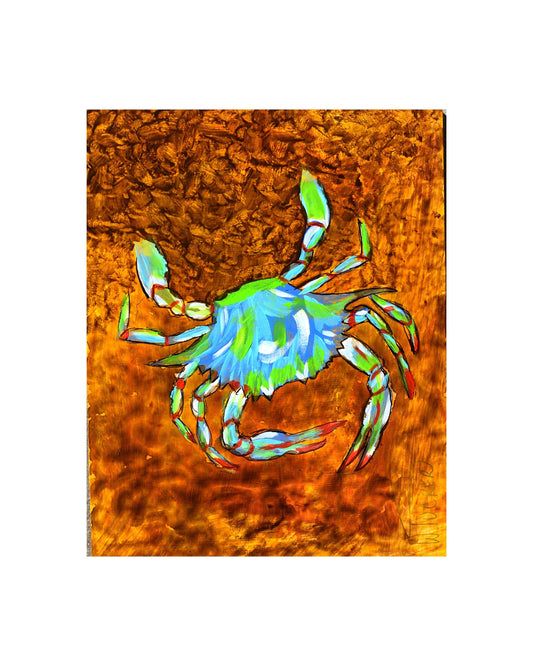 Acrylic crab painting print by William Tucker Art featuring a vibrant blue and green crab on a textured orange background