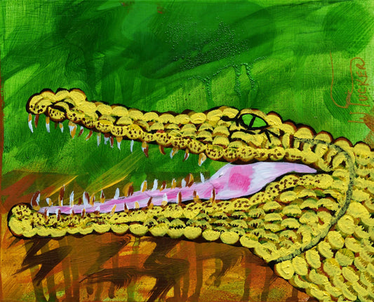 Acrylic gator artwork for sale by William Tucker Art featuring a vibrant green and yellow alligator in Coastal Collection