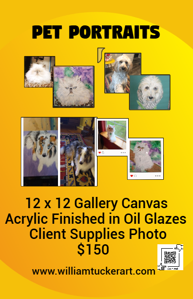 Acrylic pet painting final payment advertisement by William Tucker Art showcasing 12x12 gallery canvas pet portraits