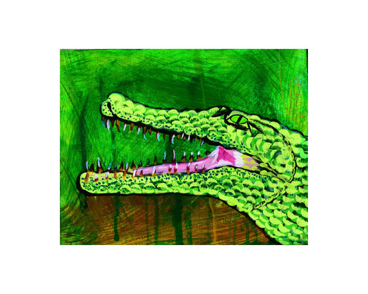 Alligator art print 8x10 featuring a vibrant green alligator head with detailed scales and open mouth