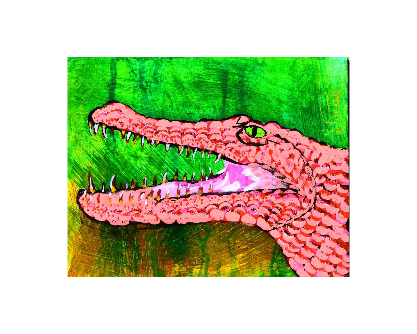 Colorful alligator art print by William Tucker Art featuring a bright pink alligator head on a green background