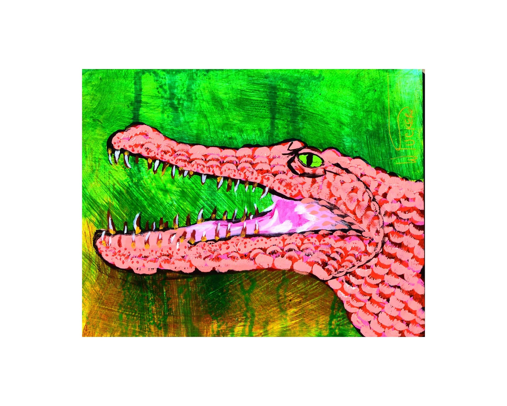 Colorful alligator art print by William Tucker Art featuring a bright pink alligator head on a green background
