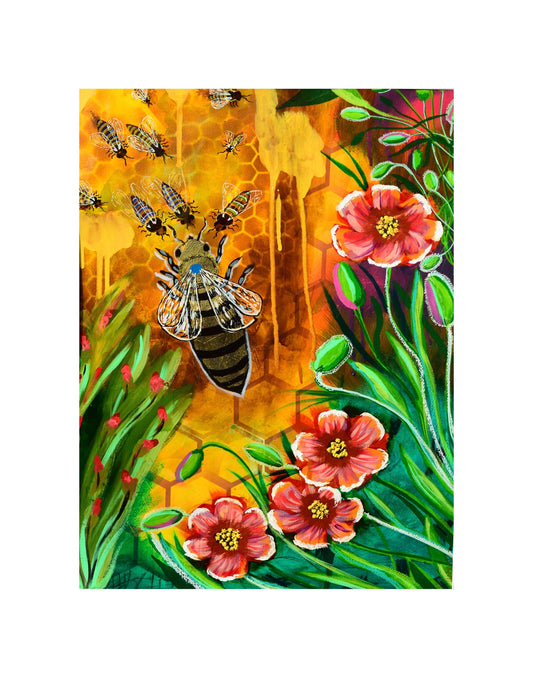 Bee queen art print featuring a large bee with smaller bees and vibrant flowers in a colorful honeycomb background