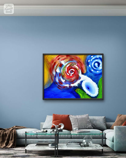 Abstract climate change art painting by William Tucker Art displayed above modern sofa in a stylish living room