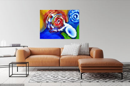 Abstract climate change art painting by William Tucker Art hanging above brown leather sofa in modern living room