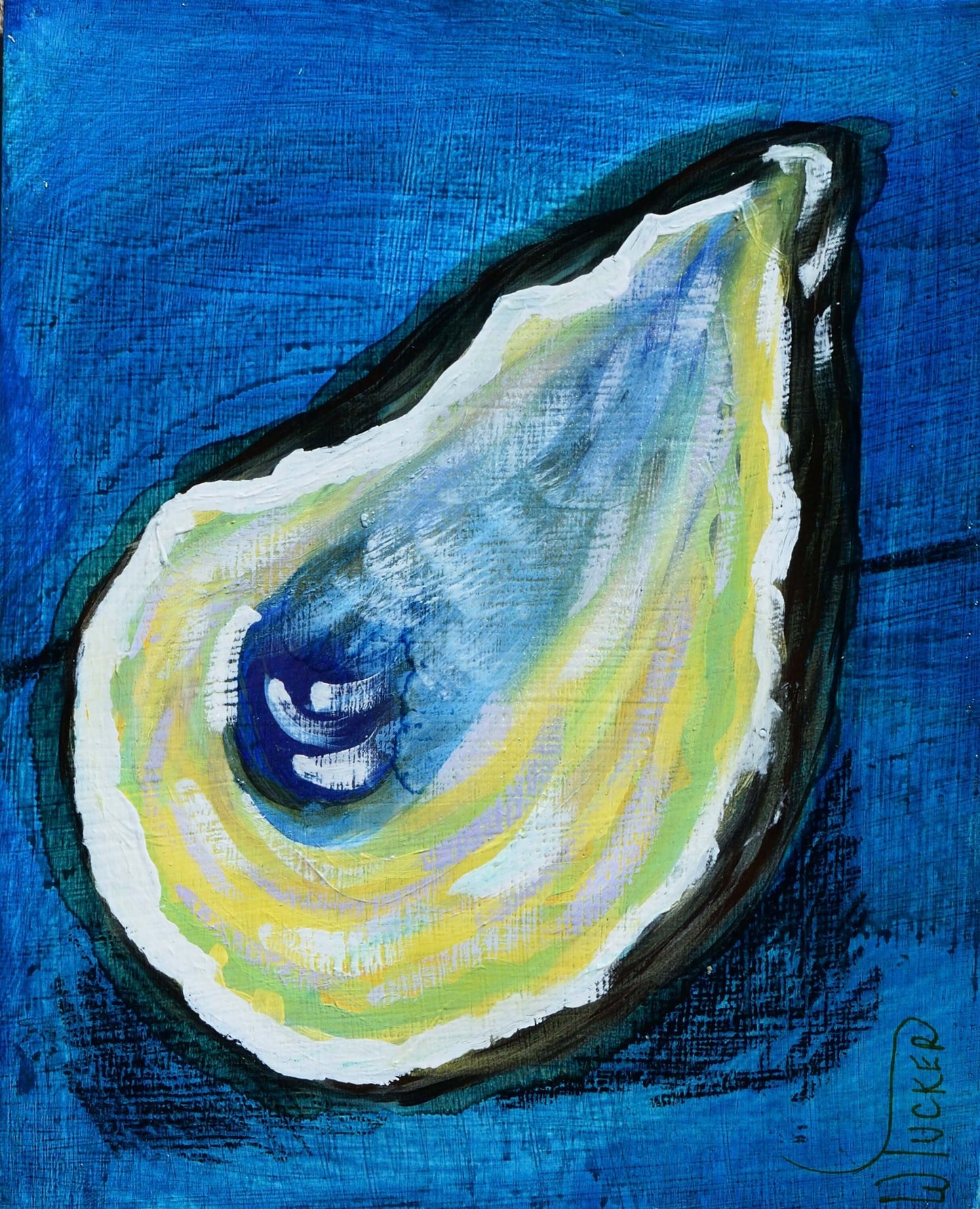 Coastal decor oyster artwork featuring a vibrant painted oyster shell on blue background from William Tucker Art Coastal Collection