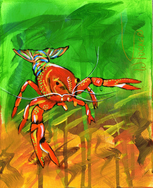 Colorful acrylic painting crawfish with vibrant red and orange tones by William Tucker Art from Coastal Collection
