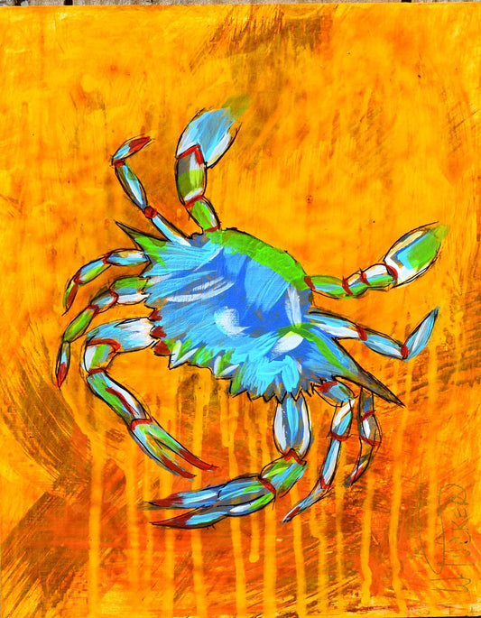 Vibrant blue and green crab painting on orange background coastal home decor painting by William Tucker Art