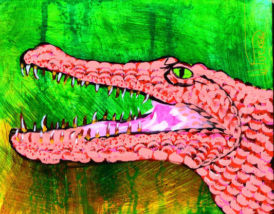 Colorful pink crocodile on green background endangered animal wall art by William Tucker Art Coastal Collection
