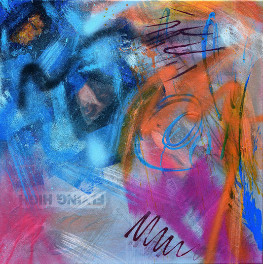 Abstract colorful canvas featuring vibrant blue, orange, and pink hues in contemporary mixed media artwork