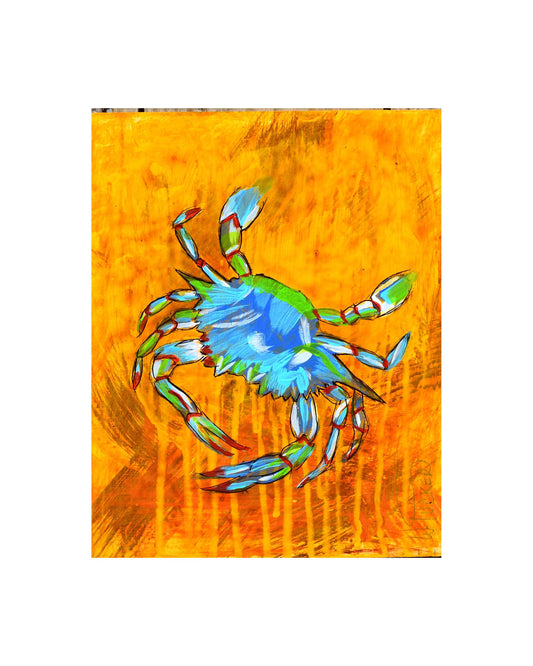 Colorful blue and green crab coastal print on vibrant orange background crab wall art print
