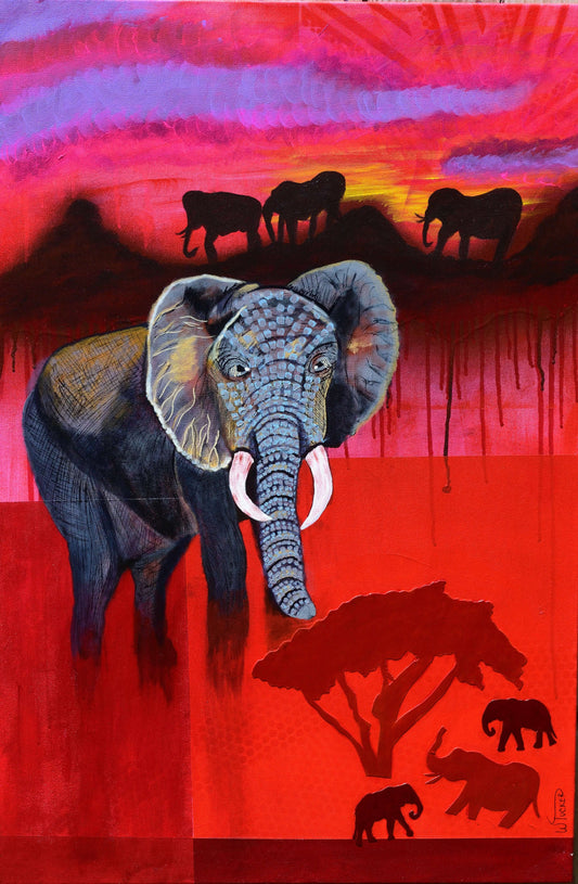 William Tucker Art Wild Things Collection elephant painting with vibrant sunset and endangered animal wall art